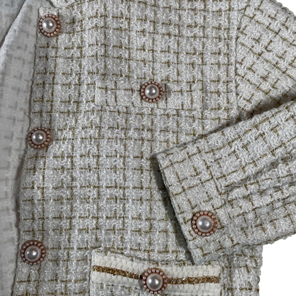 Simply Southern Tweed Jacket Pearls Gold Chain Women's M Preppy Statement Jacket - Picture 3 of 8